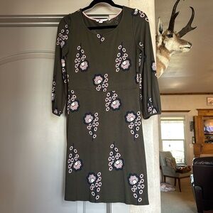 Boden Dress Jersey Knit Olive Green Floral Print Long Sleeve Women's 4 L